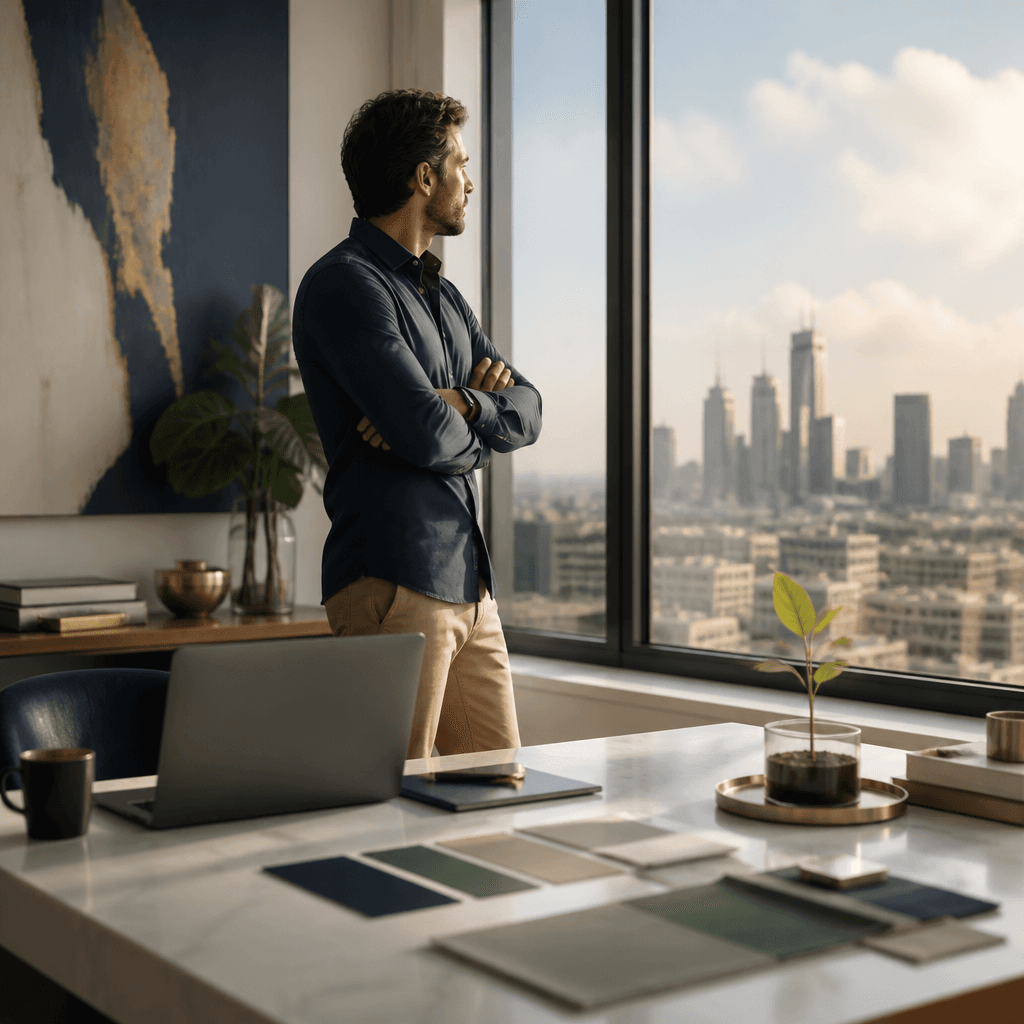 Founder looking toward a bright city skyline with a growing plant nearby