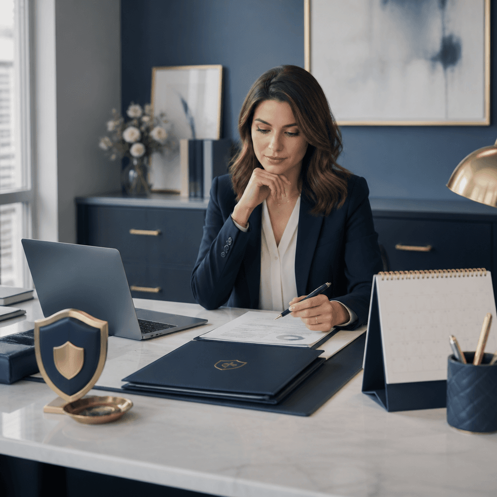 Founder reviewing organized business documents at a desk